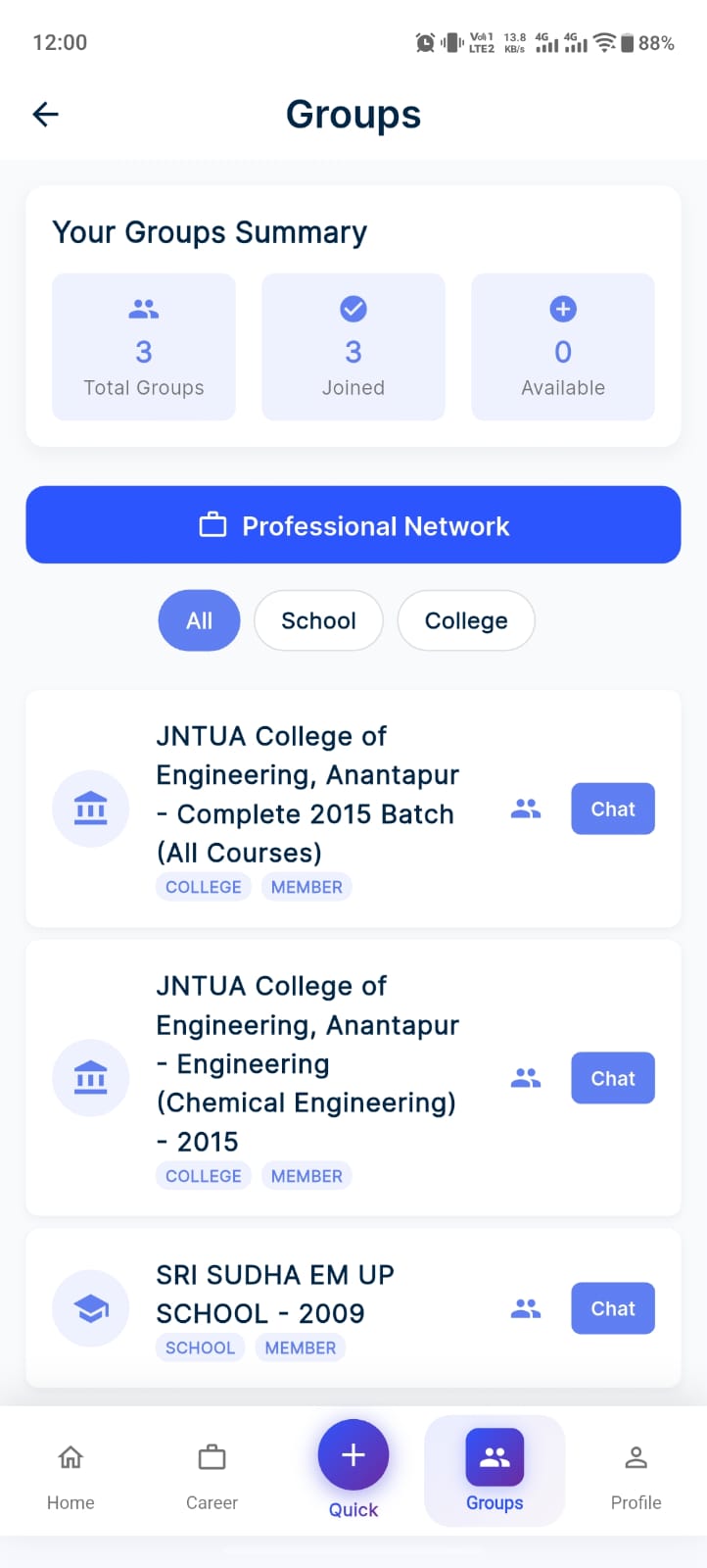 The Chats screen filtered to Groups, listing the Freelance Writers Collective and Startup Founders Circle group chats, with message requests and search