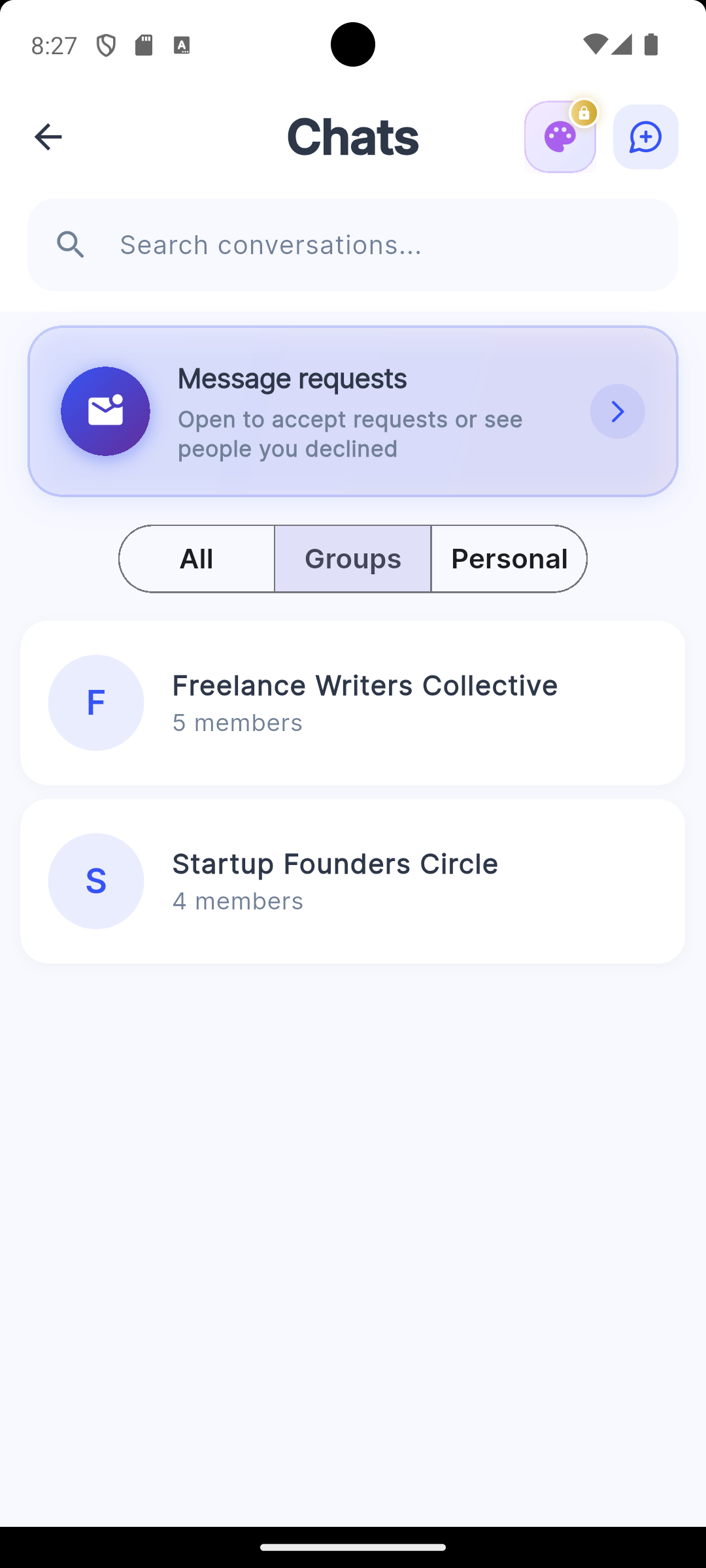 The Chats screen filtered to Groups, listing the Freelance Writers Collective and Startup Founders Circle group chats, with message requests and search