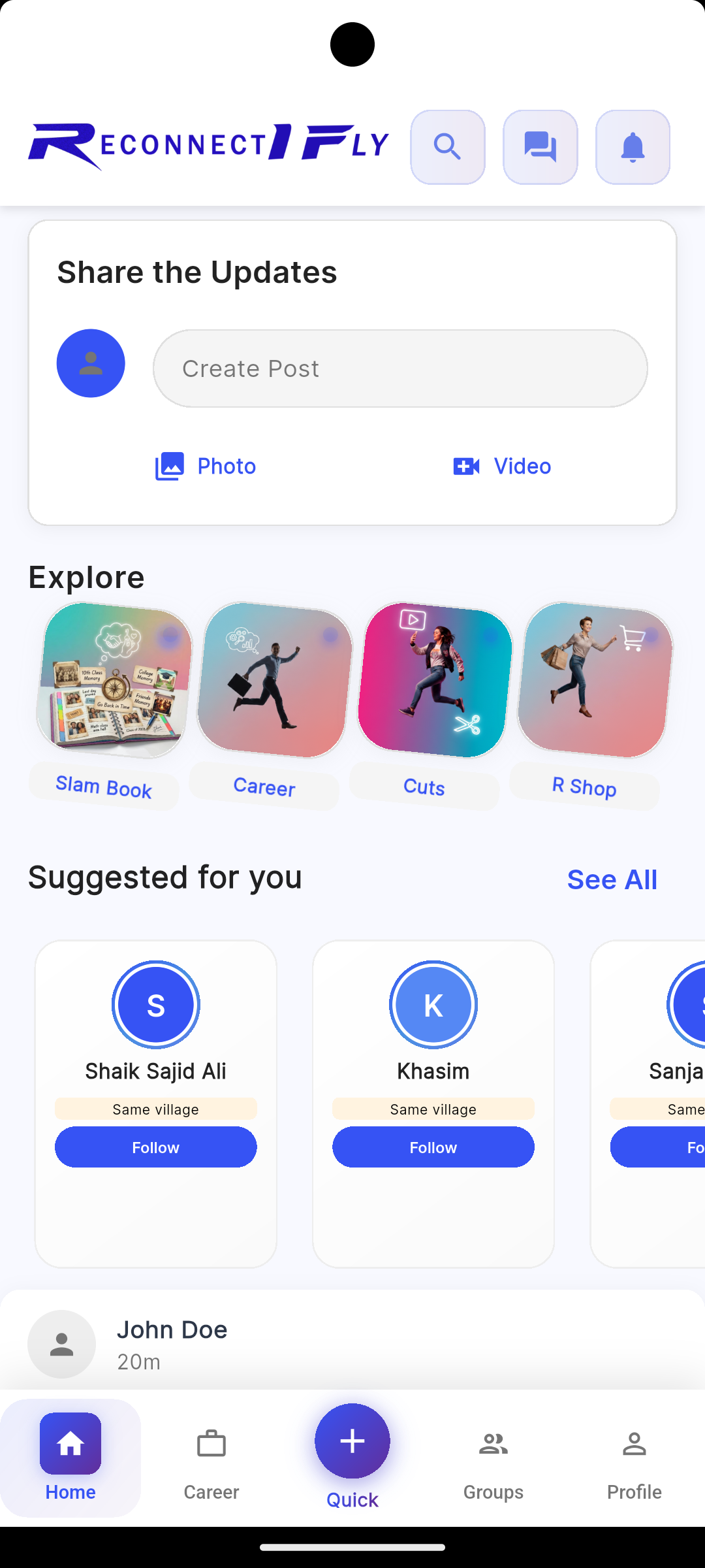 The Reconnectifly home screen, showing a post composer, Explore tiles for Slam Book, Career, Cuts and R Shop, suggested classmates, and a post from a friend