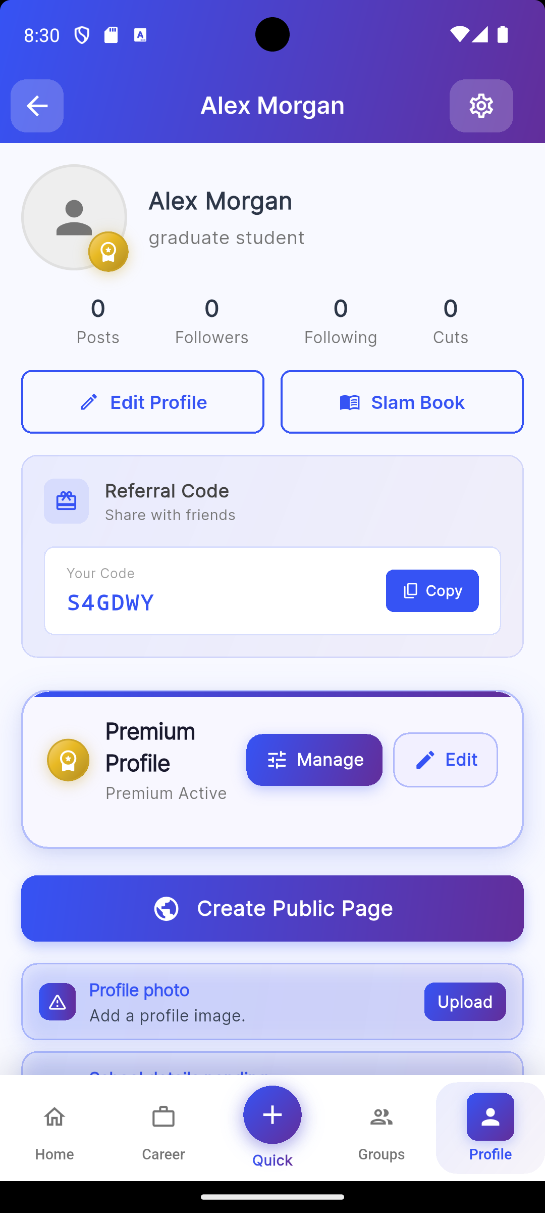 The Profile screen for Alex Morgan showing the premium badge, a referral code card, the Premium Profile card with Manage and Edit actions, and a Create Public Page button