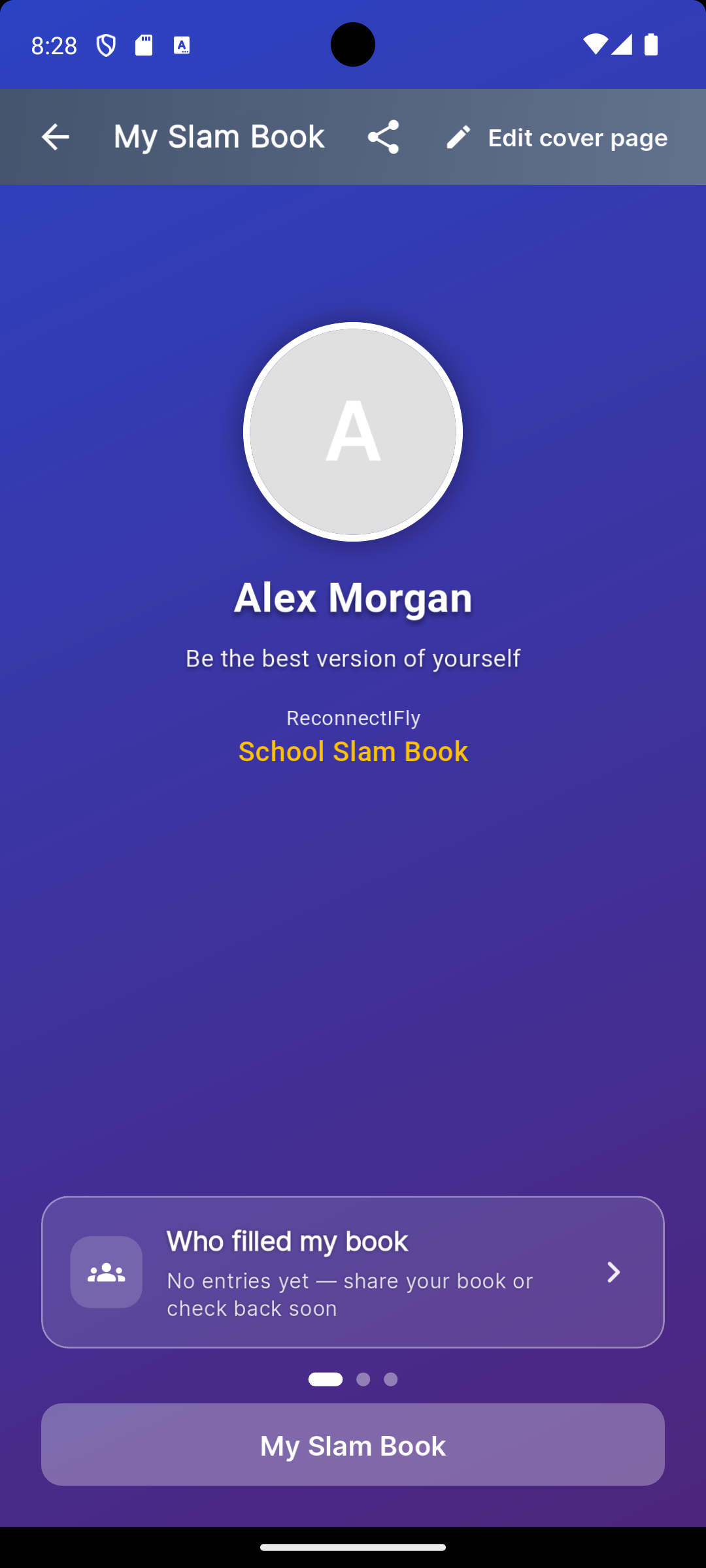 The My Slam Book cover screen for Alex Morgan, showing the School Slam Book edition and a Who filled my book card